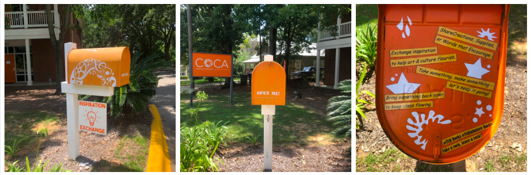 COCA's Inspiration Exchange mailbox is orange and bold. Inside you can take or leave art supplies to inspire others.