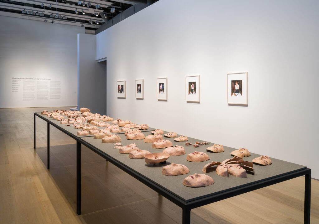 there is a long table that has a bunch of masks on it