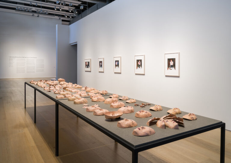 there is a long table that has a bunch of masks on it