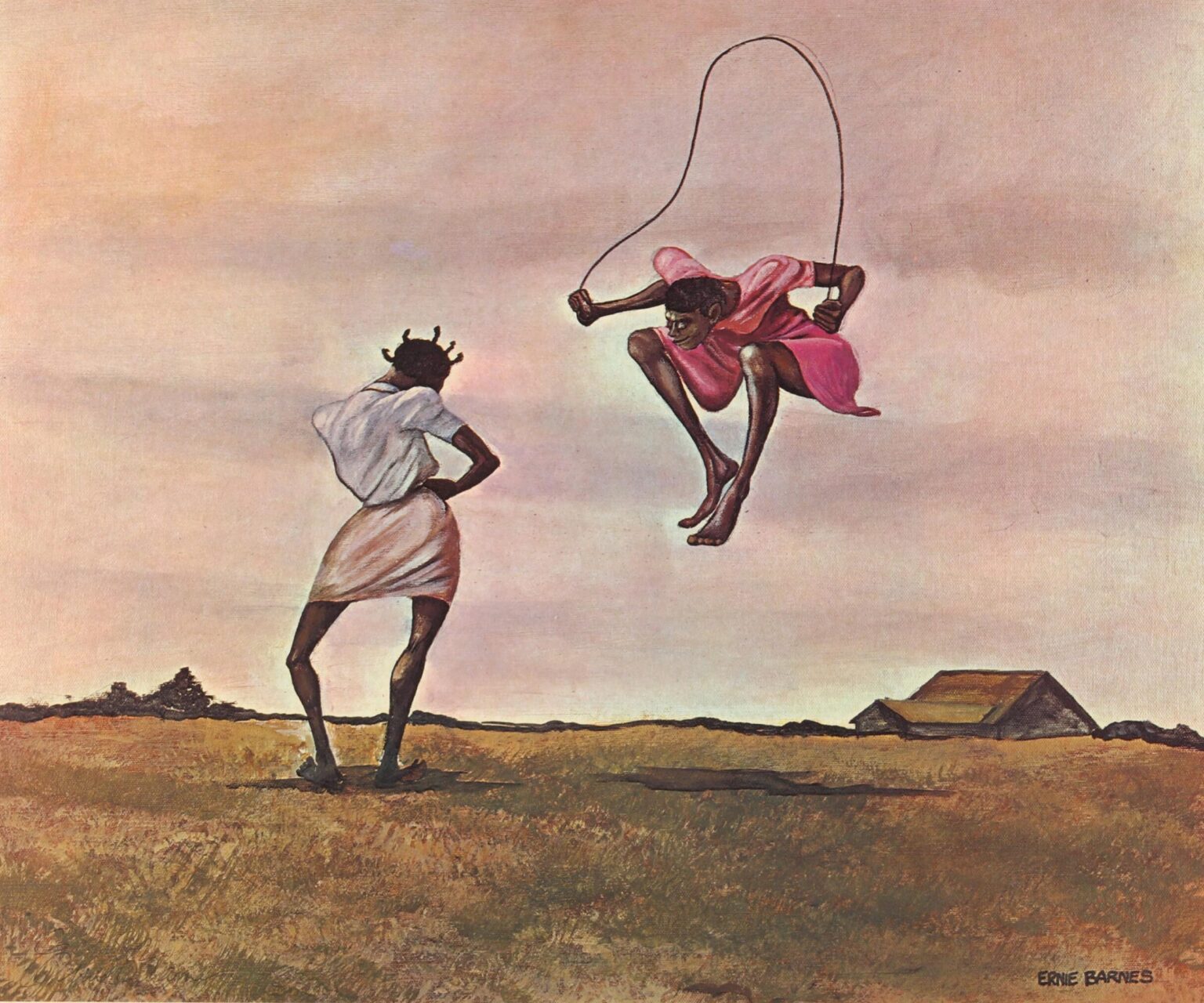 Two young girls jumping rope in a rural setting.