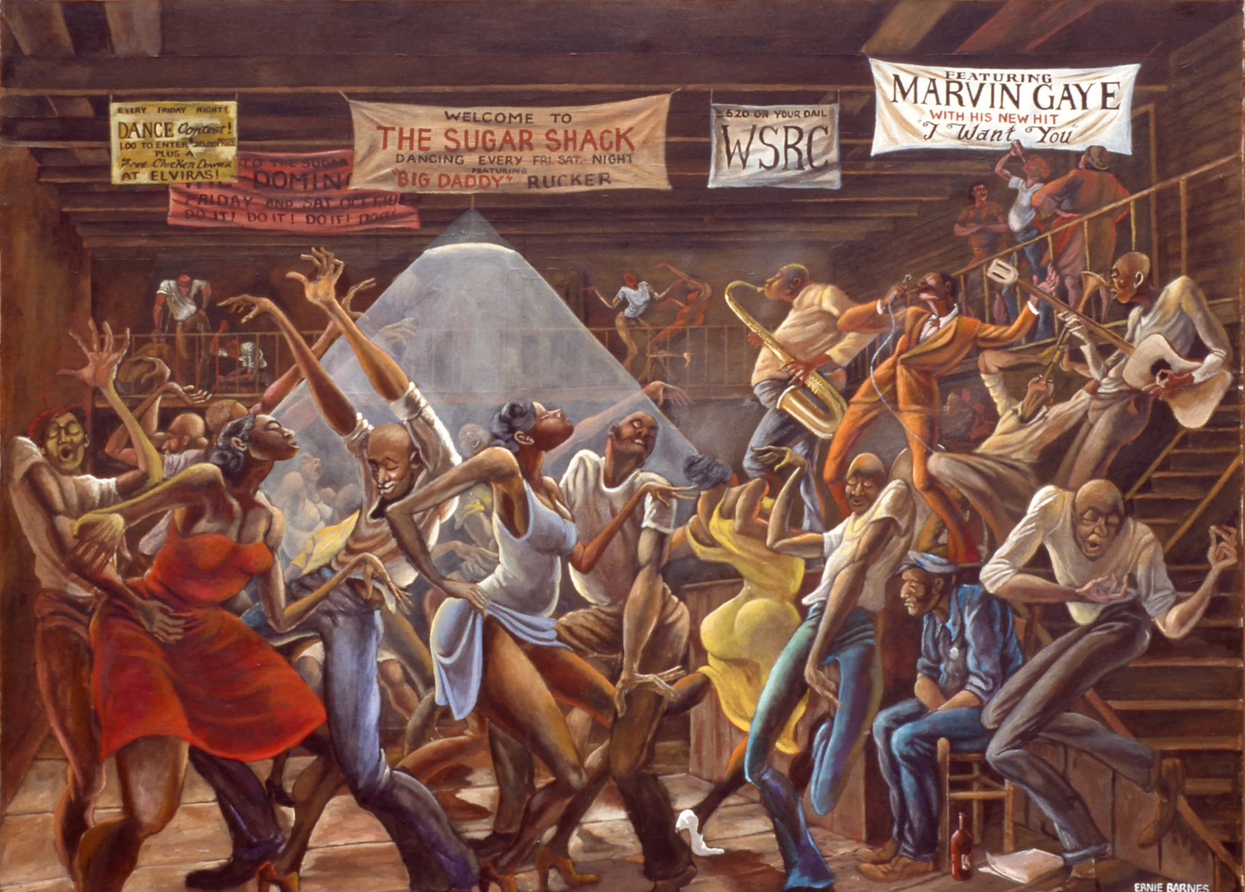 A painting featuring many people dancing in a Juke Joint. They are all enjoying the music, eyes closed. 