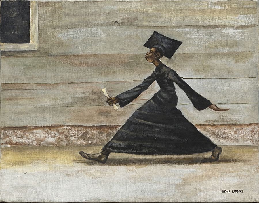 A of a young black man in a graduation cap and gown carrying a diploma. 
